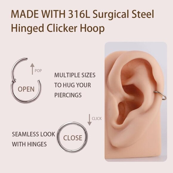 Silver 18G Surgical Steel Hinged Nose Ring Hoop 8mm for Nostrils Helix Cartilage - Picture 5 of 6